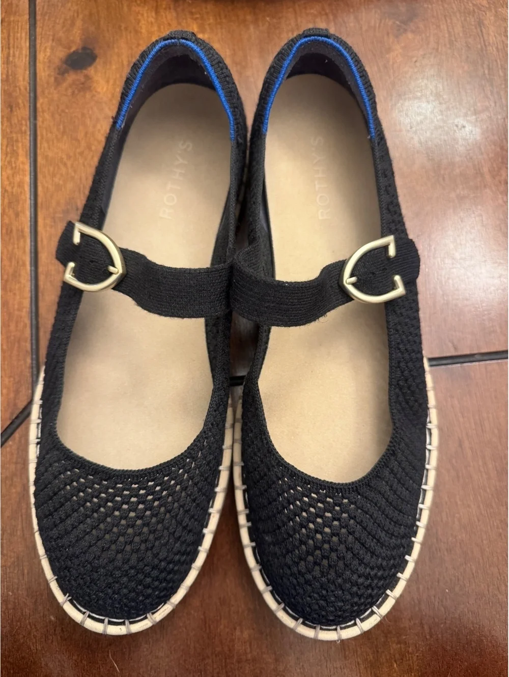 Rothy's Black Knit Espadrille Mary Jane Flats Size 12 Gold Buckle Sustainable